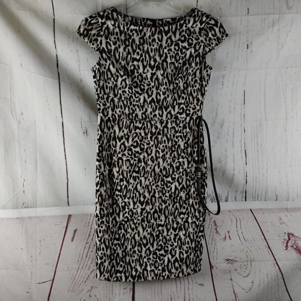 Alyx Womens Sz 4 Leopard Print Dress Sheath Stretch Zip Cap Sleeve Career NWOT